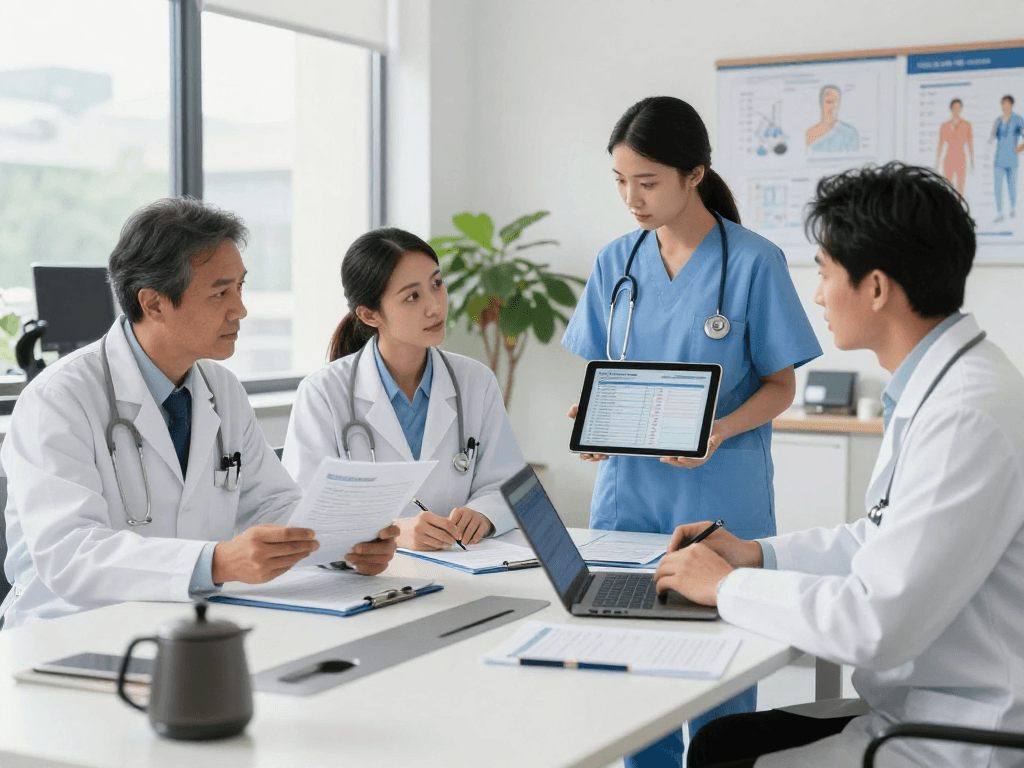 Gesundheitswesen Arzt Team diskutiert über Datenschutz und digitale Barrierefreiheit in medizinischen Einrichtungen.