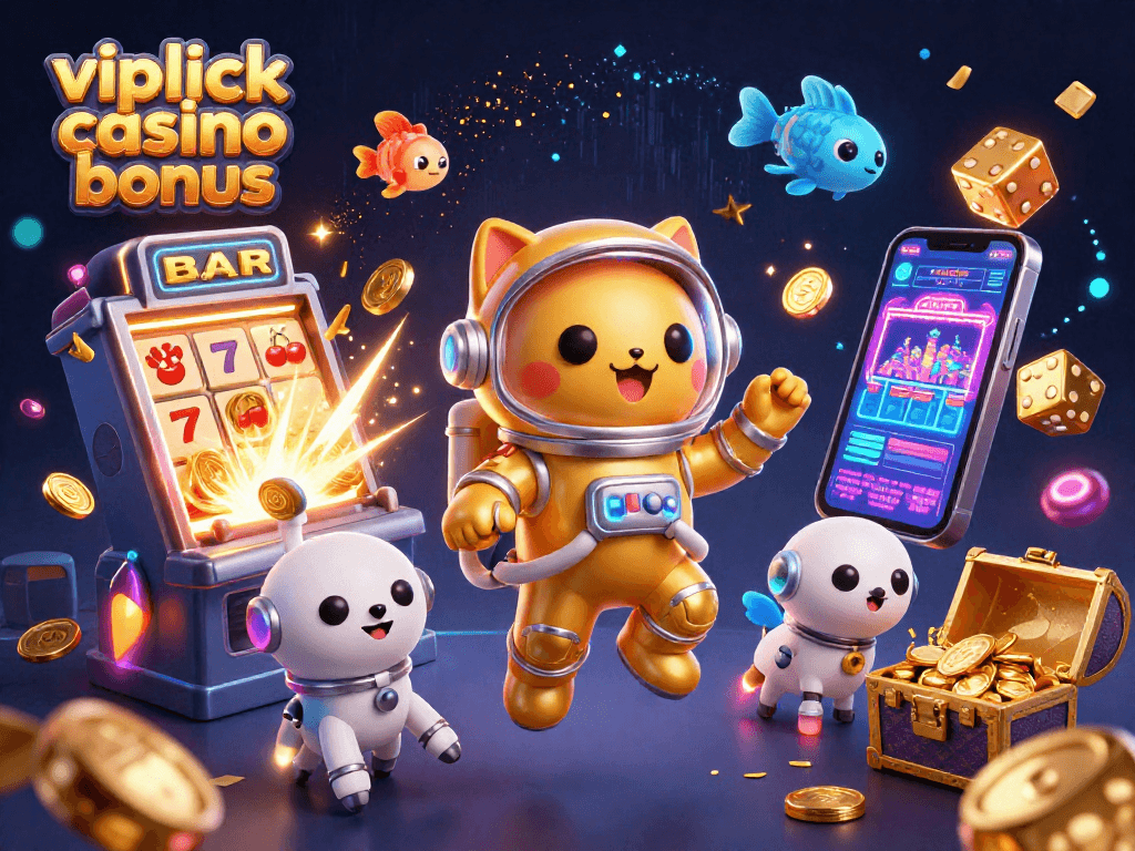 Erlebe den VIPLuck Casino Bonus mit einem aufregenden Slot-Automaten und galaktischen Charakteren.