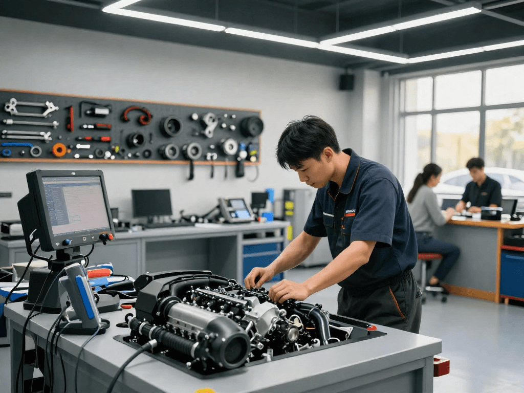 Professionelle BMW Werkstatt Hannover mit Techniker bei der Motorinspektion.