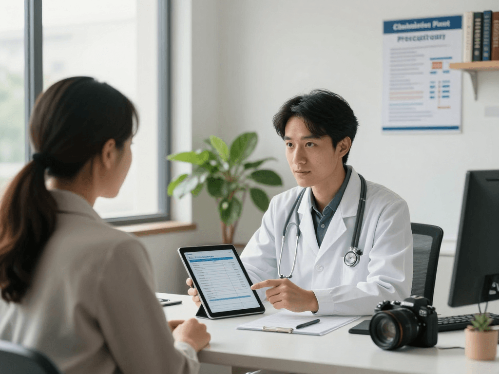 Confidential healthcare consultation illustrating Gesundheitswesen Arzt in a modern office emphasizing data protection and accessibility.