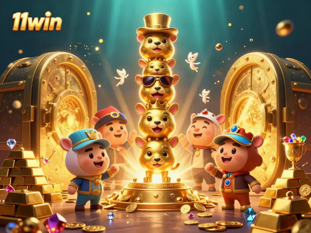 Win big with 11win; a vibrant scene of a golden totem surrounded by jewels and treasures.