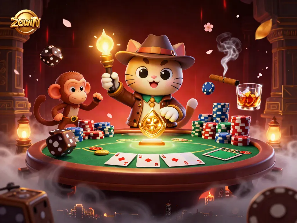 Zowin offers a thrilling casino experience illustrated in this dynamic scene with a cat archaeologist and monkey.