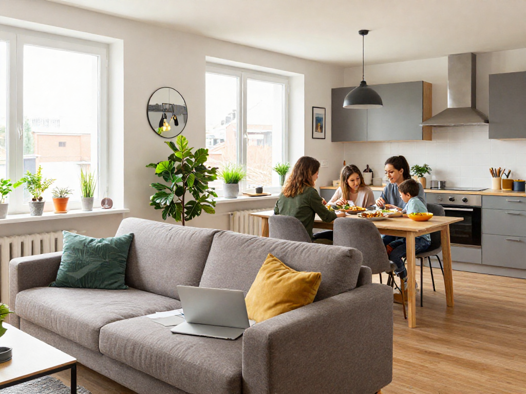 Moderne Monteurwohnung Hannover mit gemütlichem Wohnbereich und voll ausgestatteter Küche
