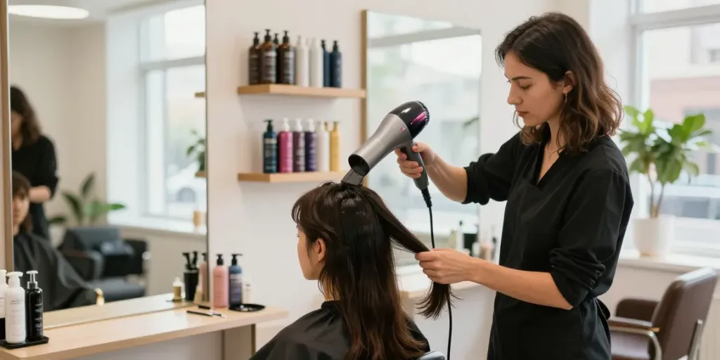 Professionelle Haarstylistin nutzt einen ionen haartrockner im modernen Salon für glänzende Ergebnisse.