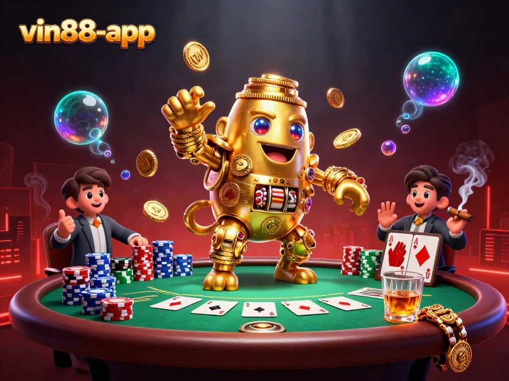 Win big at vin88-app with an exciting 3D golem illustration surrounded by vibrant poker elements.