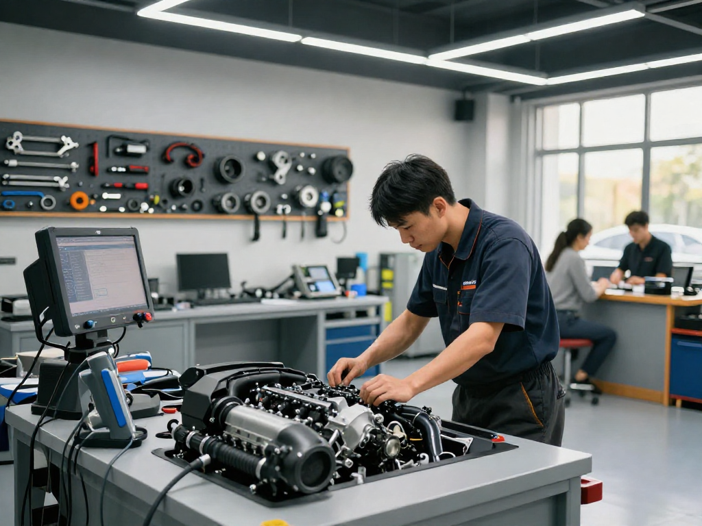 Professionelle BMW Werkstatt Hannover mit Techniker bei der Motorinspektion.