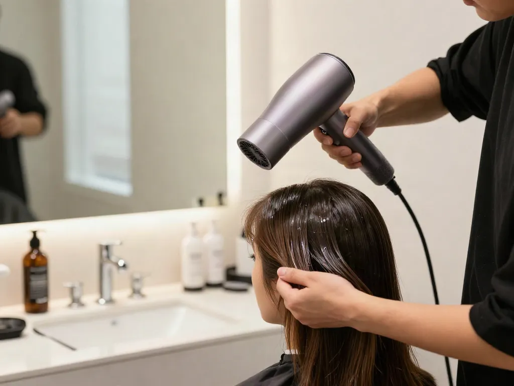 Haartrockner schonend für Haare im modernen Badezimmer mit Stylist und Haarpflegeprodukten.