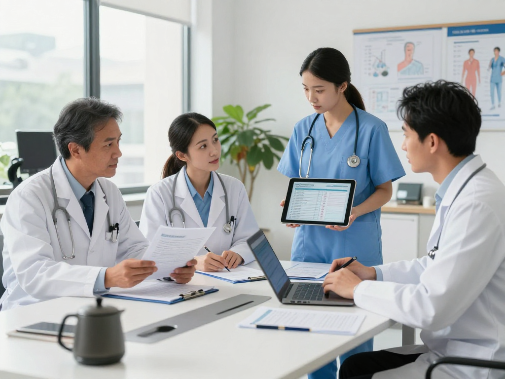 Gesundheitswesen Arzt Team diskutiert über Datenschutz und digitale Barrierefreiheit in medizinischen Einrichtungen.
