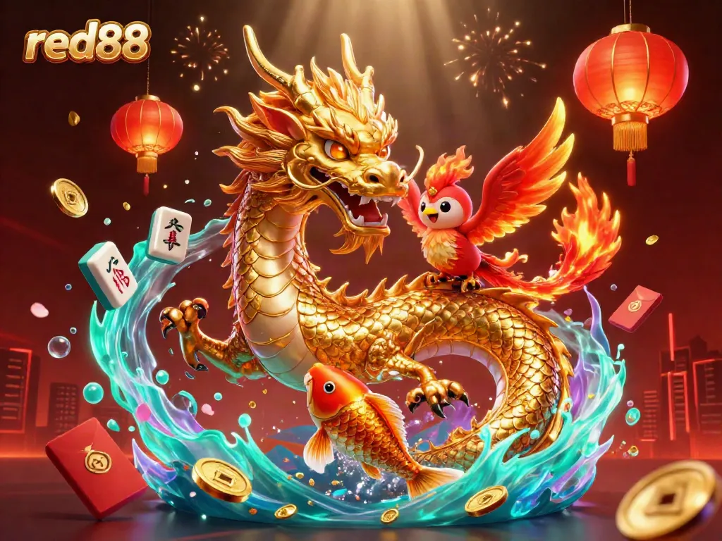 Experience the thrill of red88 with a golden dragon, phoenix, and koi fish amidst casino-themed elements.
