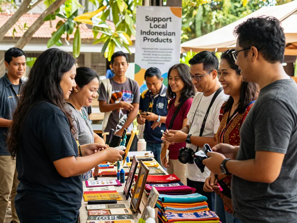 Community members supporting local artisans at a vibrant market, highlighting rokok88's mission.