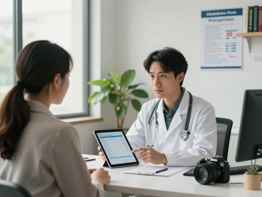 Confidential healthcare consultation illustrating Gesundheitswesen Arzt in a modern office emphasizing data protection and accessibility.