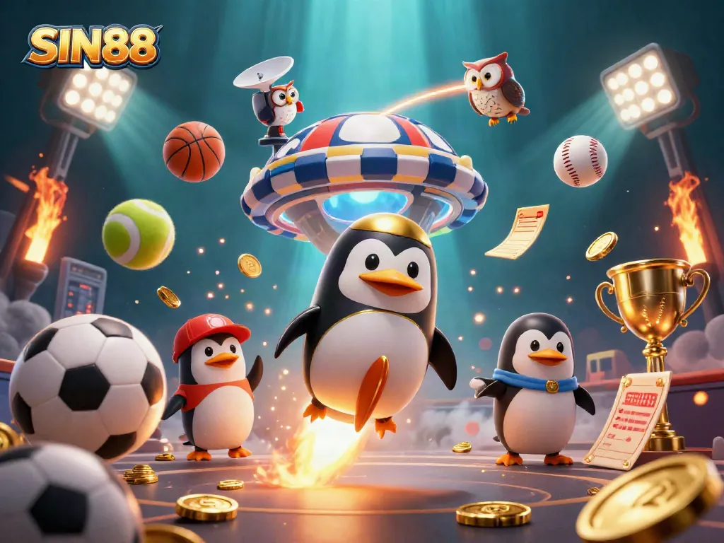 SIN88 shows a golden penguin racing towards a casino space station with sports balls and trophies.