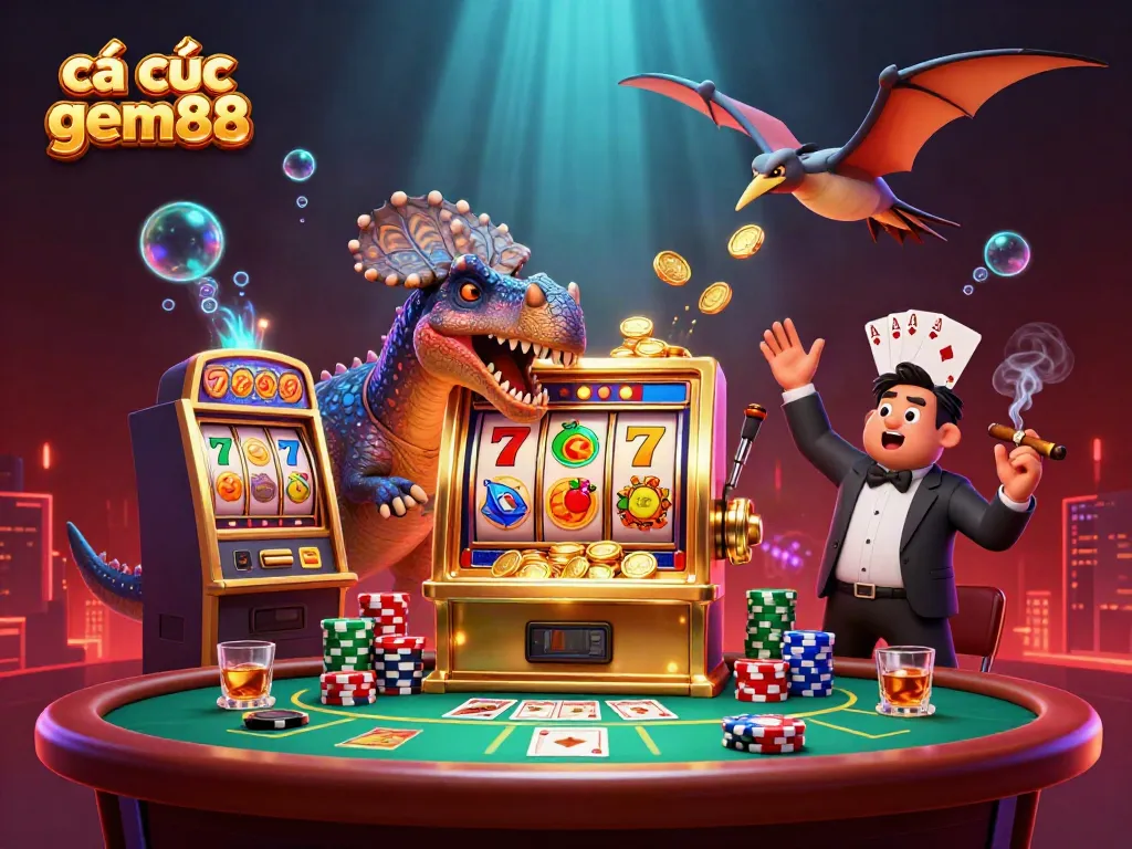 Experience thrilling cá cược gem88 action with vibrant casino characters and dynamic game elements in this ultra-detailed illustration.