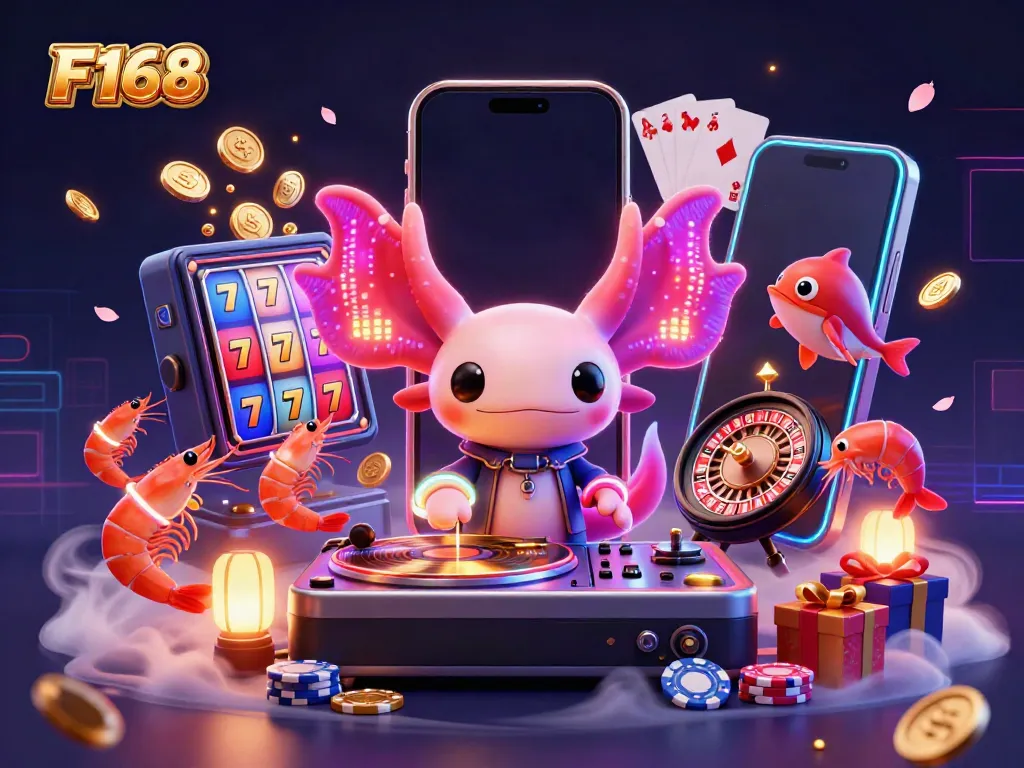 Experience fun with F168 as an axolotl DJ spins wins with glowing shrimp and exciting slot games.