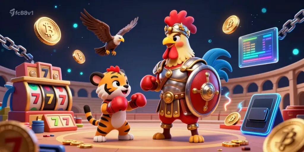 Experience the excitement of online gaming with fc88v1's immersive gladiatorial casino scene featuring vibrant slot elements.