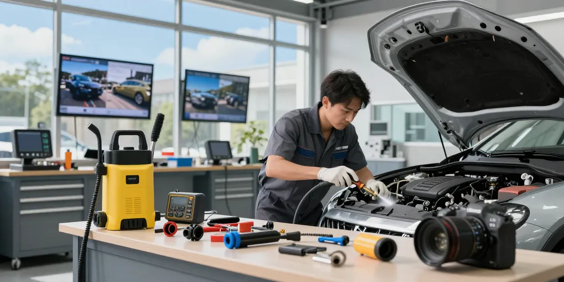 DPF Reinigung Hannover in einer modernen Werkstatt mit einem Techniker, der Autoservice durchführt.