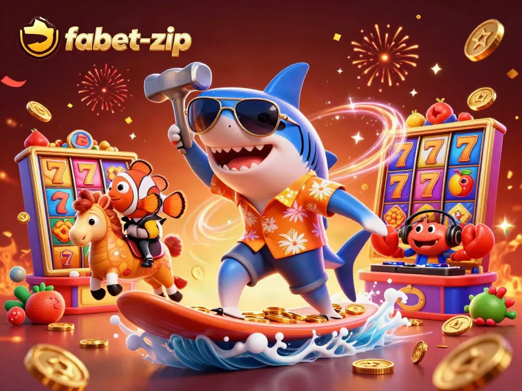 Experience fabet-zip's exciting casino adventure with vibrant slot reels amidst dynamic characters.
