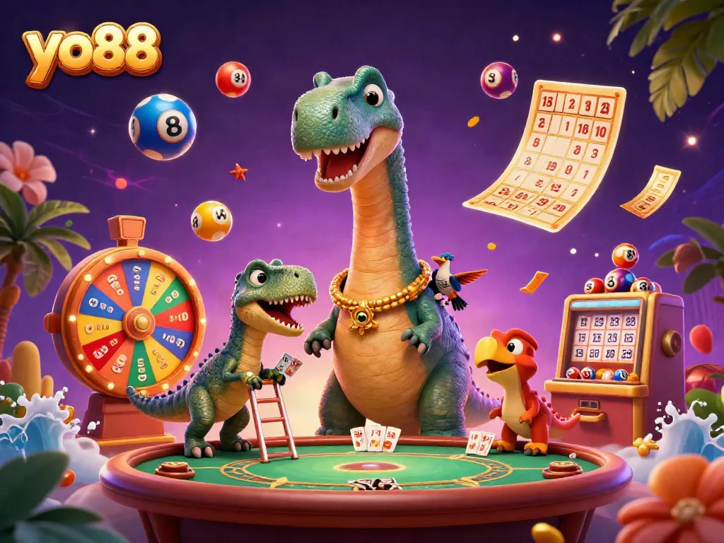 Experience excitement at yo88 with dinosaurs and colorful lottery elements in a thrilling casino scene.