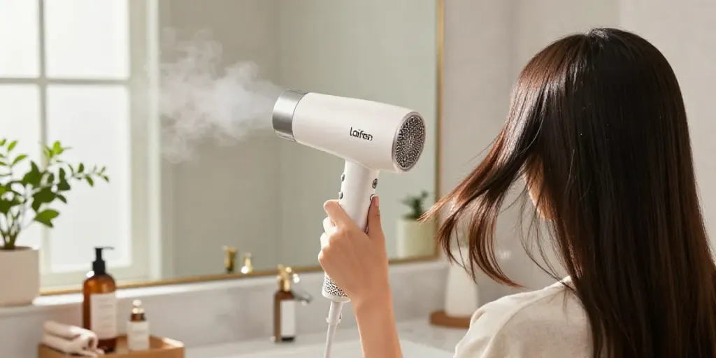 Eine Person benutzt einen Laifen Fön in einem modernen Badezimmer mit elegantem Design und natürlichem Licht.
