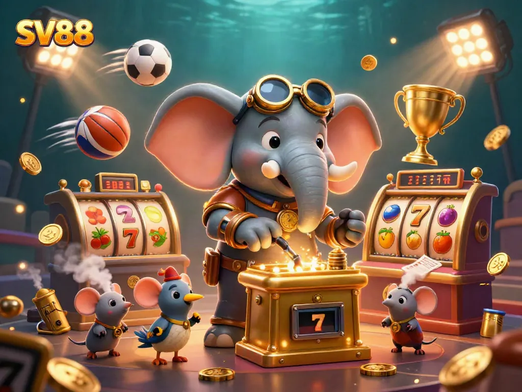 SV88 showcases a 3D steampunk elephant engineer at a golden slot machine with dynamic visual elements.