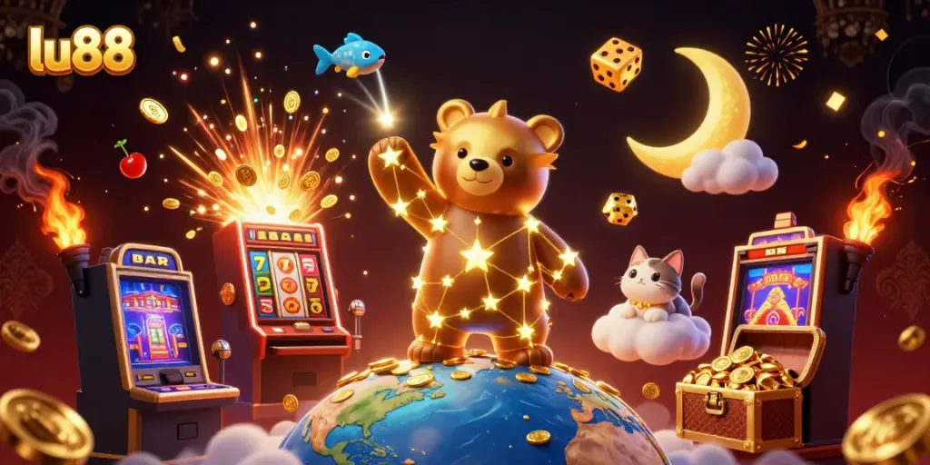 Experience thrilling gameplay with lu88 in a vibrant 3D casino illustration bursting with excitement.