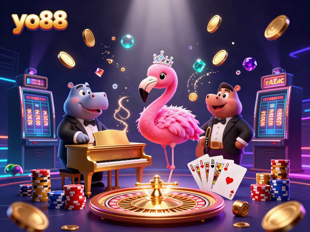 Join the exciting world of yo88 with a dynamic casino scene featuring lively characters and vibrant game elements.